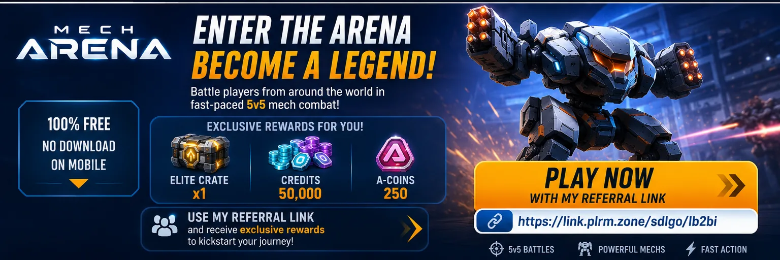 Mech Arena — enter the arena: 100% free, no download on mobile, and exclusive rewards (elite crate, 50,000 credits, 250 A-Coins) with my referral link.