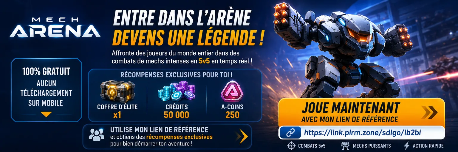 Mech Arena — entre dans l'arène : 100 % gratuit, aucun téléchargement sur mobile, et des récompenses exclusives (coffre d'élite, 50 000 crédits, 250 A-Coins) avec mon lien de référence.